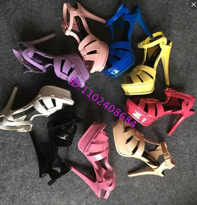 Design Woman Candy Color Patent Leather High Heel Platform Sandal 14Cm Heel Woman Open Toe T Strap Candy Color Platform Sandal