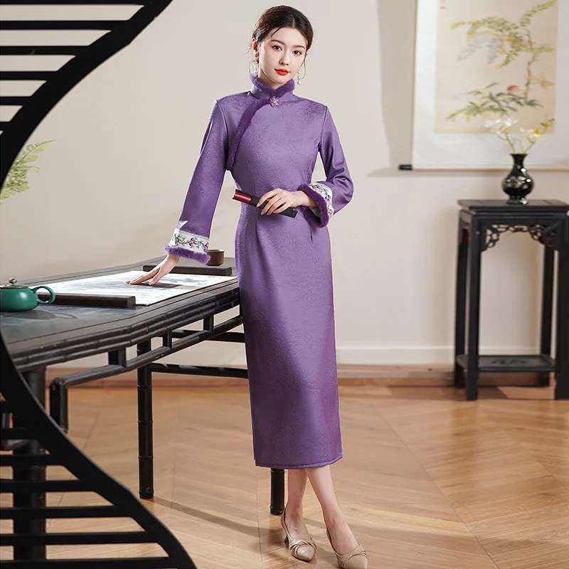 

Yourqipao зимнее ретро фиолетовое толстое длинное платье Cheongsam на флисовой подкладке, элегантное модное Ципао, вечернее платье в китайском стиле для женщин