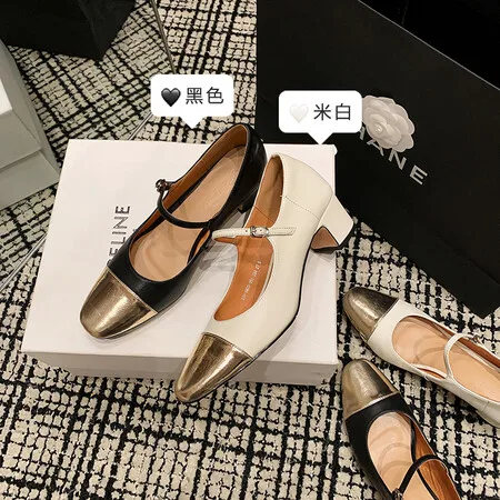 Women's Gold Square Toe High Heels Belt Mary Janes Shoes Vintage Pumps Patchwork Buckle Strap Zapatos Mujer Spring Shoes 37