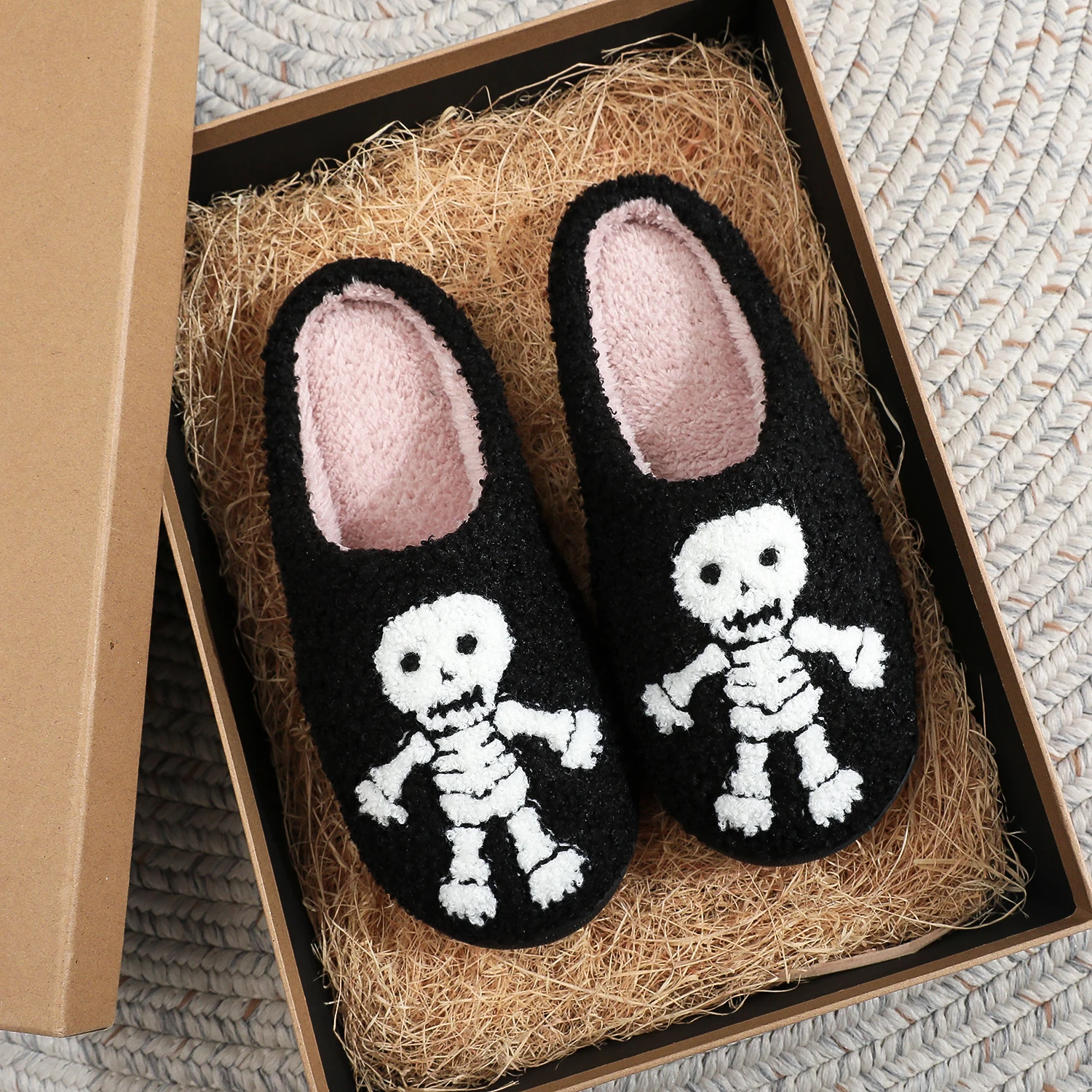 Halloween Skull Black Embroidery stuffed Home Thick-soled plaid Furry Cotton Slippers Cute Warm Non-slip Indoor Slippers Gift Men Women Can Wear