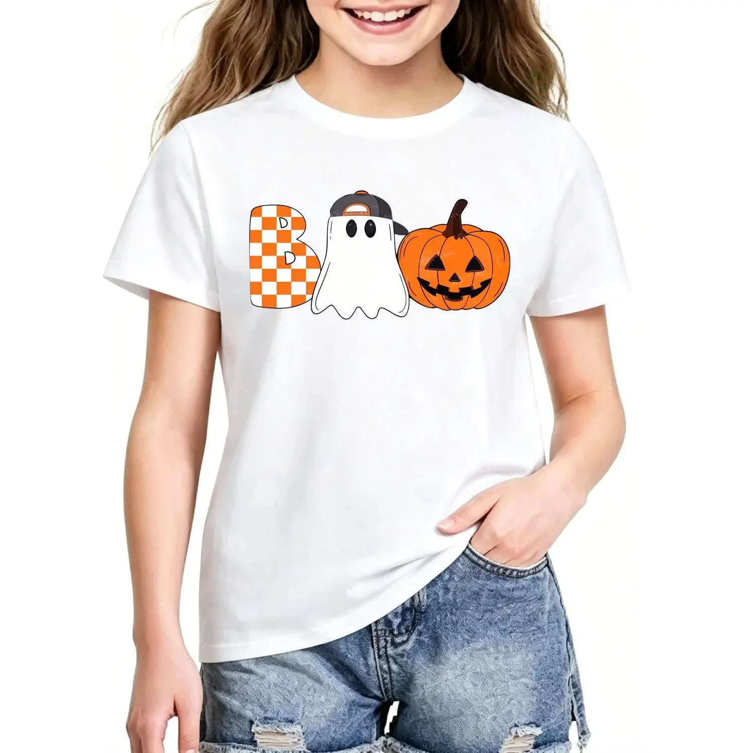 Checkerboard Pumpkin Halloween Print Girls T-shirts with Breathable Skin Friendly Fabric and Fashionable Designs Suitable for Teenagers Versatile Daily Wear Ideal as Gifts for Back to School Halloween and Various Festivities