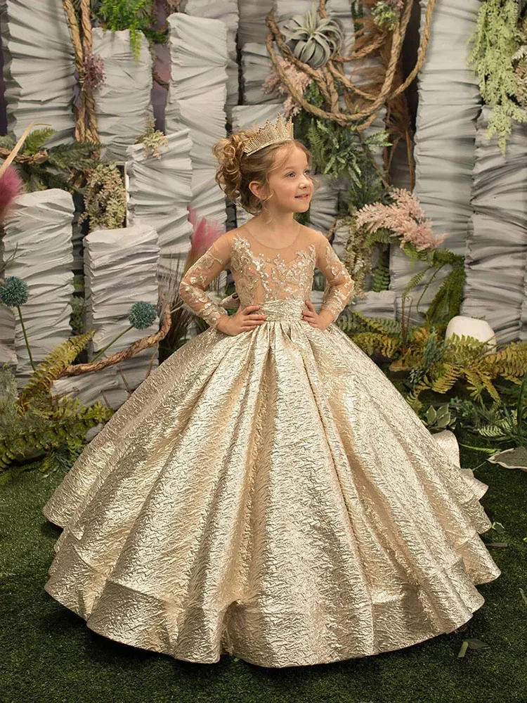 

Gold Flower Girl Dress For Wedding Tulle Puffy With Bow Applique Kids Birthday Party First Communion Ball Gowns Customized