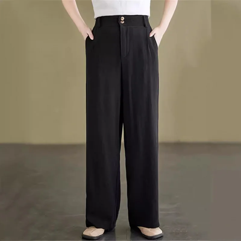 

New Women's Casual Plus Size Cotton Linen Wide Leg Elastic Waist Straight Long Pants