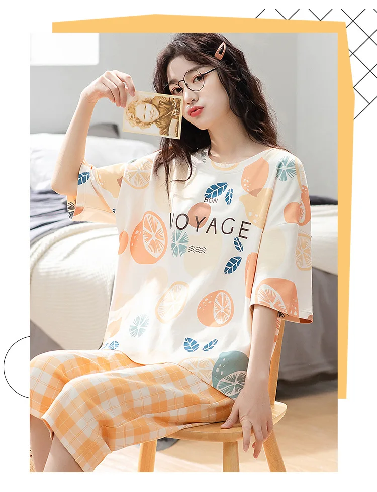 Damen-Sommerpyjama: Kurzarm, 3/4-Länge Hose, Pullover, Rundhals, Bedruckt, Frühling/Herbst-Stil, Übergrößen-Pyjama-Set – Detail 6