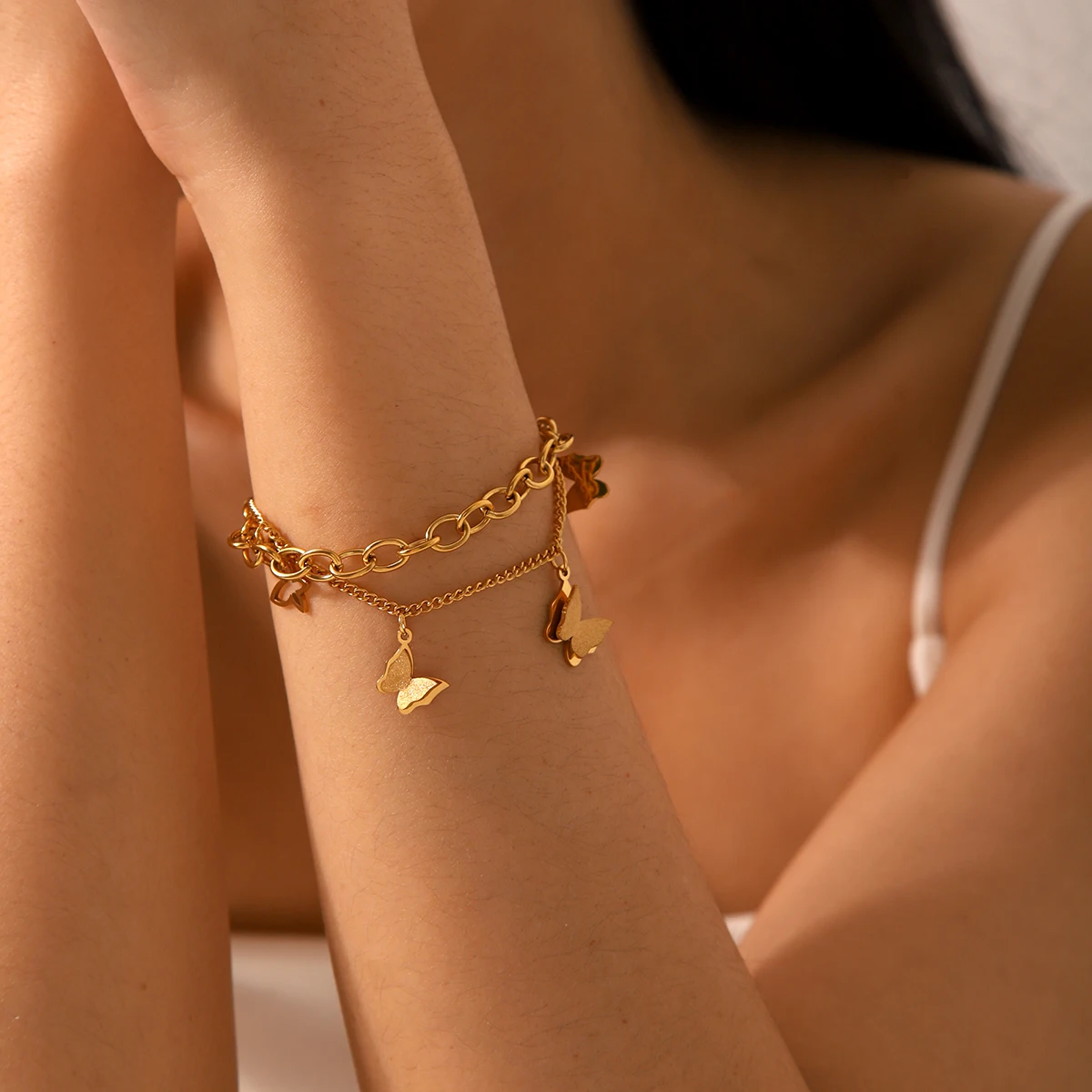 

Dainty Layered Butterfly Star Charm Bracelet For Women Stainless Steel 18K Gold Plated Boho Hypoallergenic Non Tarnish