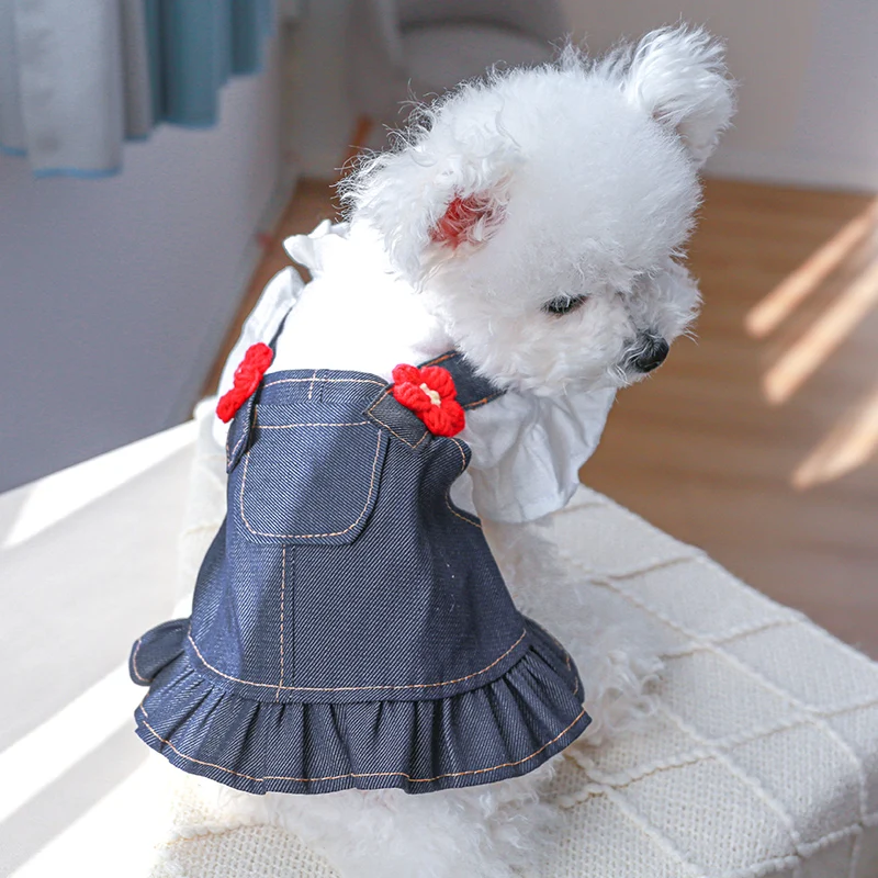 1PC Pet Clothing Dog Spring/Summer Denim Princess Dress Pocket Small Flying Sleeve Strap Dress For Small Medium Dogs