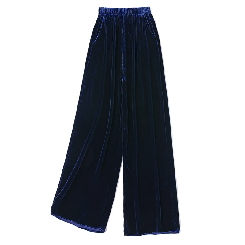 

Женские бархатные шелковые длинные брюки из натурального шелка шелковицы, темно-синие свободные широкие брюки с карманами, офисные женские брюки M1441