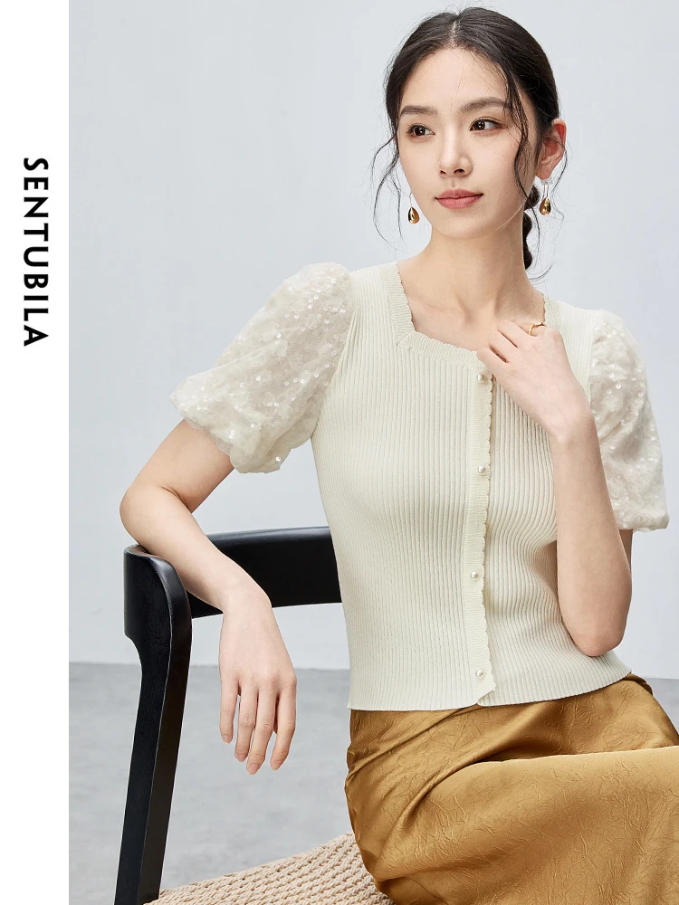 SENTUBILA Mesh Spliced Slim Knitted Pullovers 2024 Summer Elegant Simple Square Collar Puff Sleeve Tops Womens Tops W42H55523