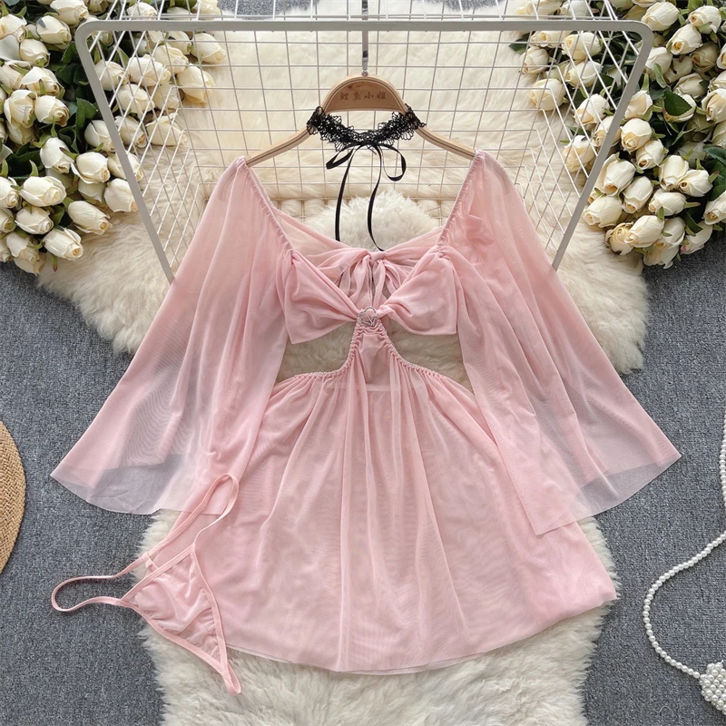 Pink Sweet Petal Sleeves Women's Dress Sexy Deep V-Neck Open Waist Hollow Sheer Mesh Dress Summer Transparent Pajamas Sleepwear