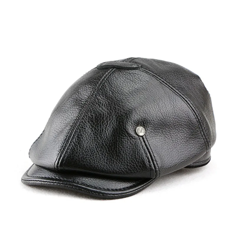 Autumn Winter Real Full Grain Cow Leather Octagonal Beret Cap For Men  Retro Fashion British Style Newsboy Hat Artist Visor