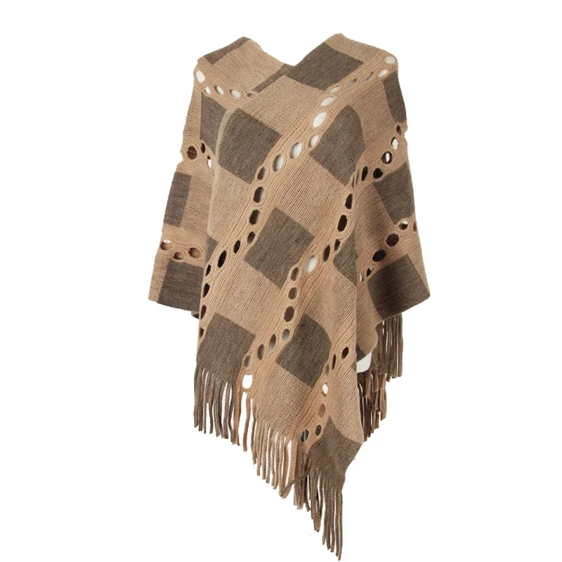 Autumn Women V Neck Hollow Out Sweater Knitted Tassel Shawl Poncho Plaid Irregular Tops Cape Coat Dropshipping