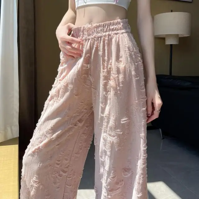 Rosa amerikanische Distressed-Hose mit weitem Bein für Damen, Sommerhose mit hoher Taille, drapiert, lockere Freizeithose mit geradem Bein