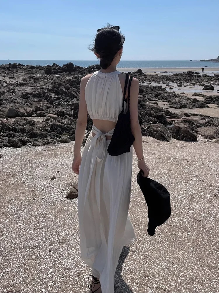 Liangliang Bal-Chaleco con cinturón calado para mujer, novedad de verano, Falda larga plisada Vintage, cintura alta, estilo coreano