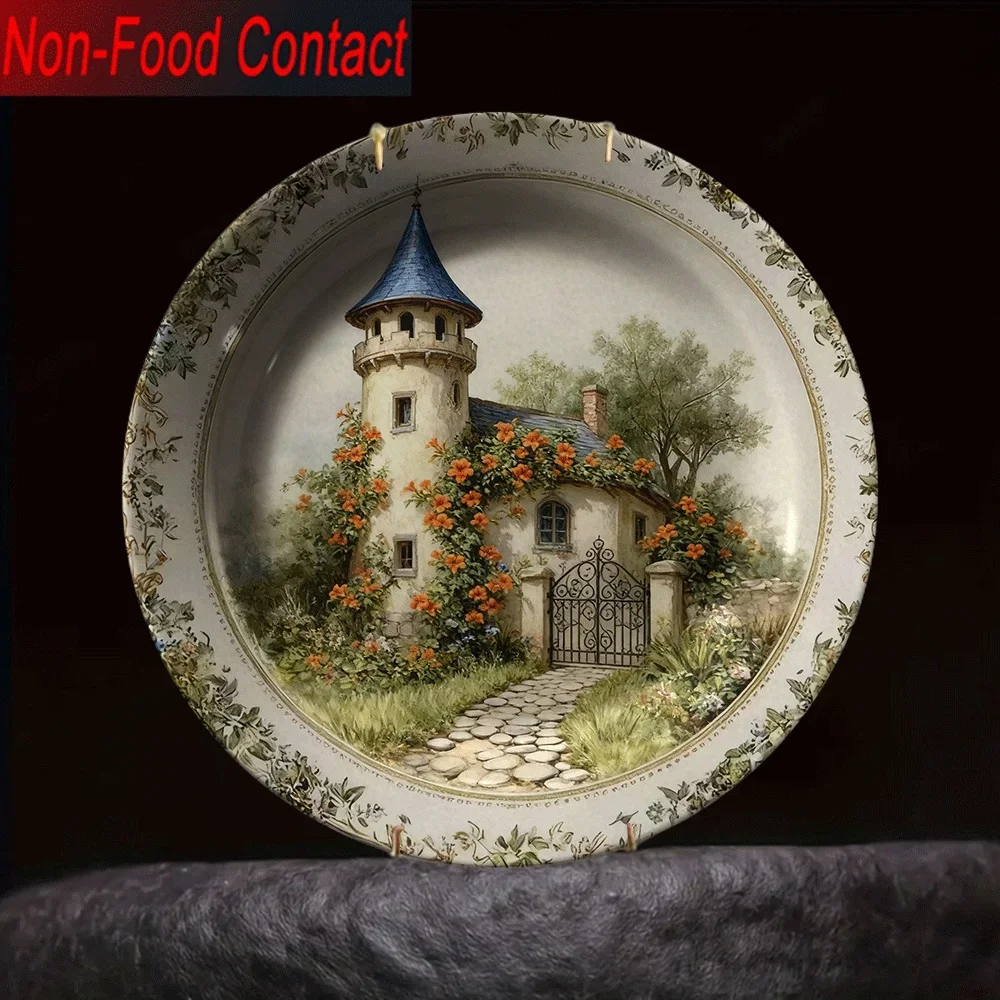 2D Flat, 1pc European Castle Ceramic Decorative Plate - Non-Food Contact Tabletop Ornament with Blue Roof & Floral Design,