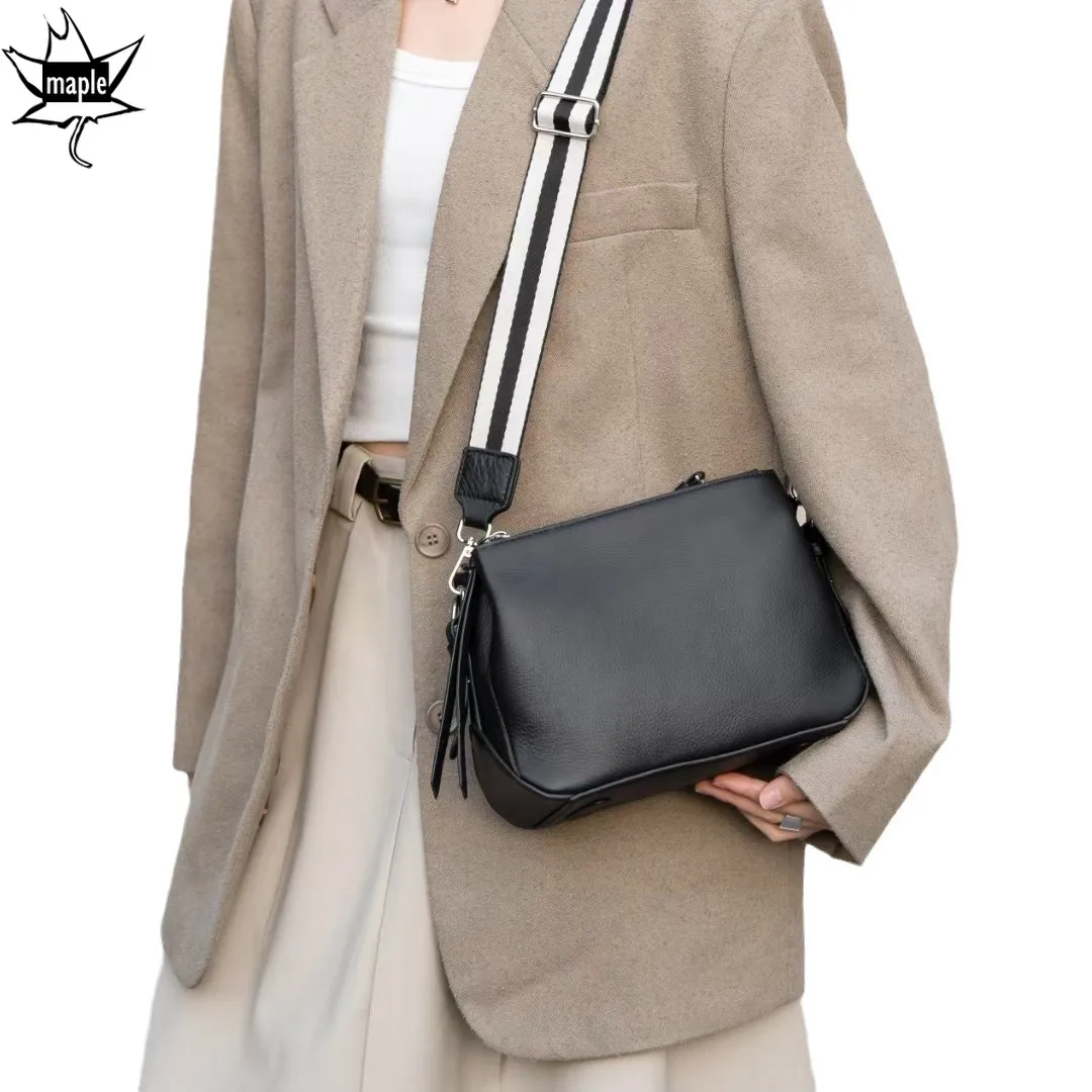 New Multiple Compartments Casual Flap Bag First Layer Cowhide Leather Women Shoulder Crossbody Bag 2 Straps Beige