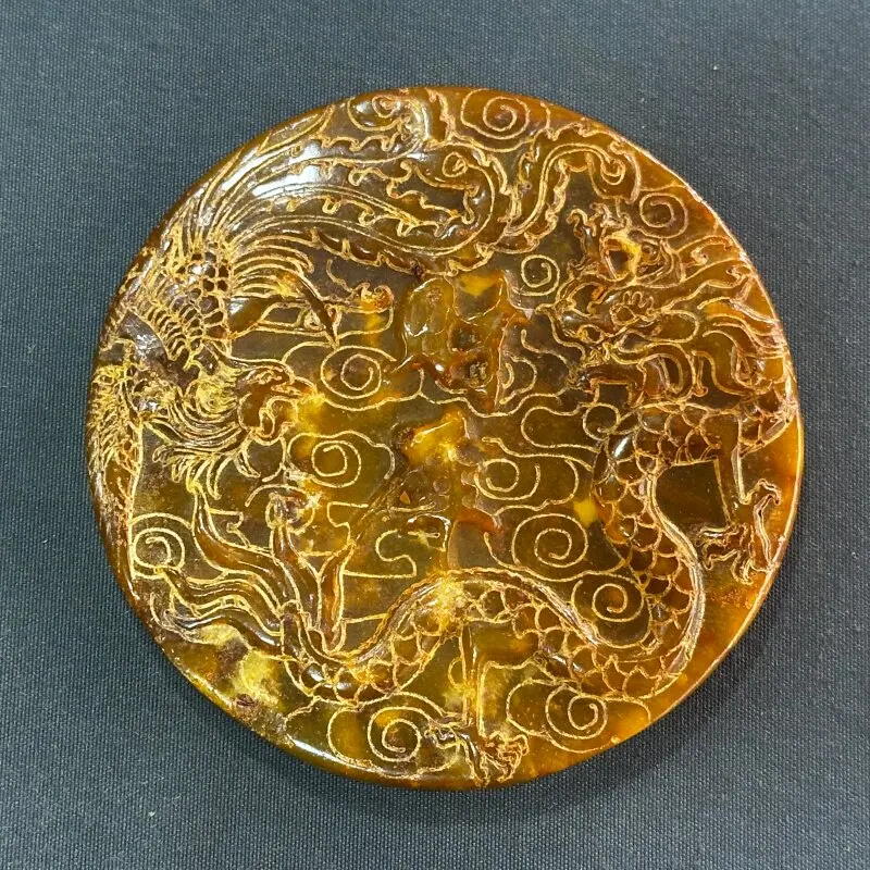 Antique Xiuyu Jade Carving Exquisite Dragon and Phoenix Relief Handle Piece Crafts Feng Shui Auspicious Ornament