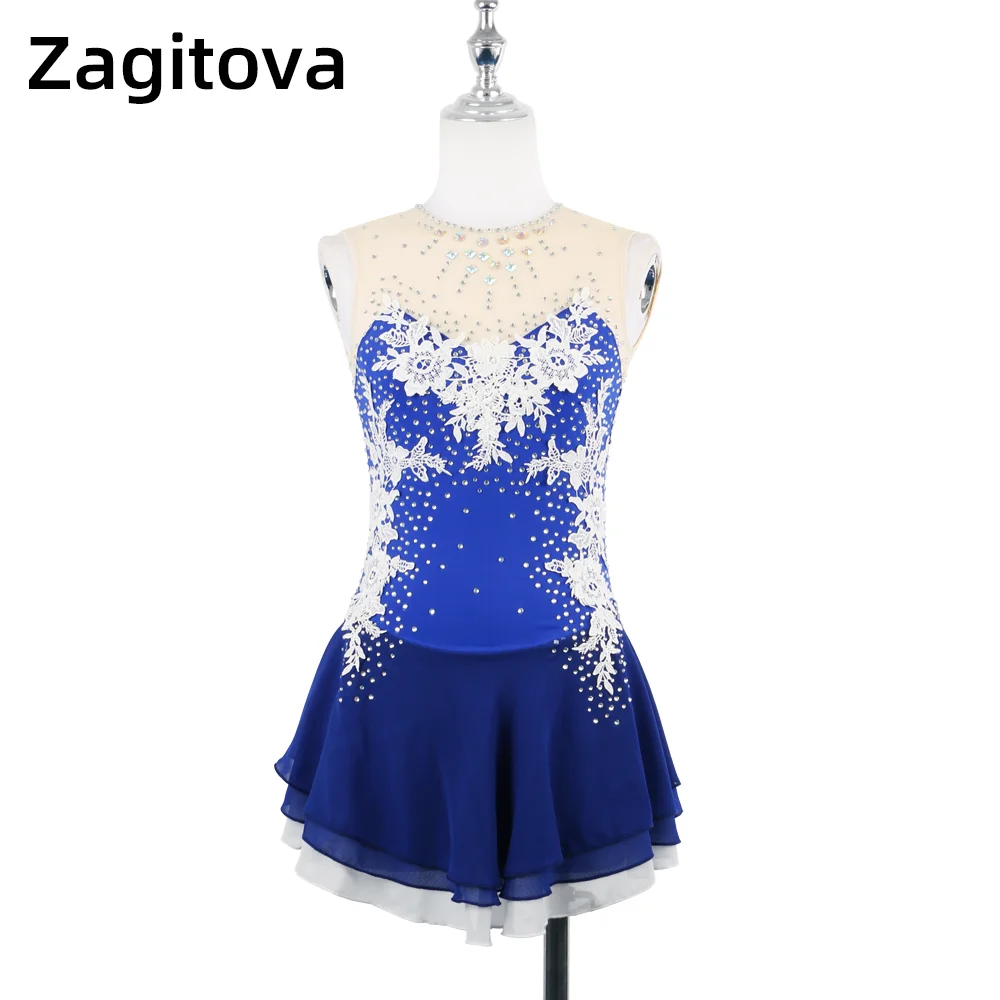 

Zagitova Figure Skating Dress Women Girls Ice Skating Skirt Royal Blue Sleeveless Gorgeous Gym Clothes Diamond Mesh Skirt