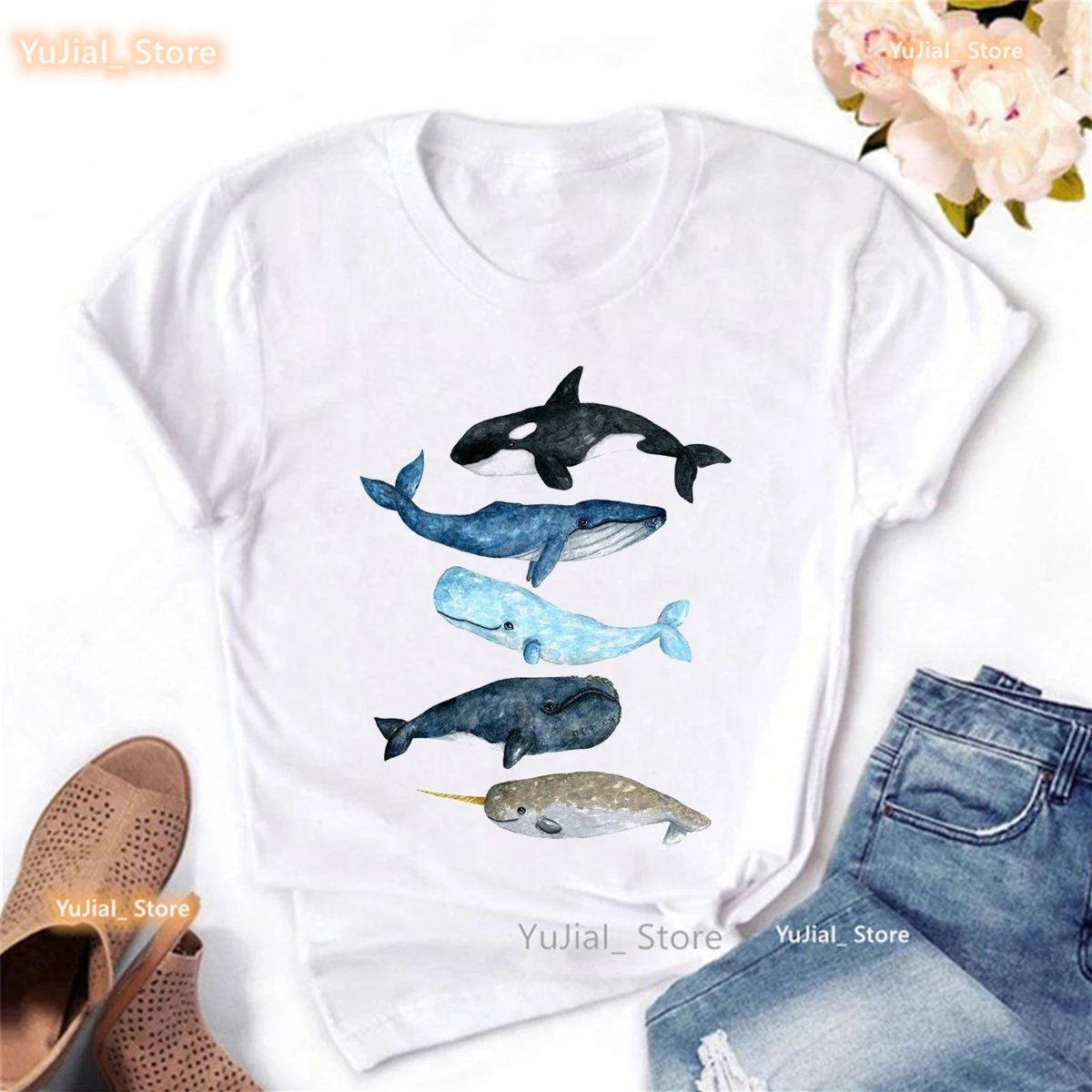 Watercolor Love Dolphin Print Tshirt Women'S Clothing Harajuku Kawaii Clothes Whale Flowers Summer Tops Fashion T Shirt Femme