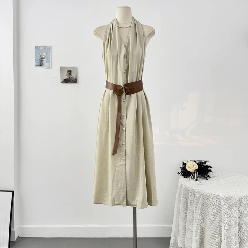 Elegant V-Neck Halter Dresses Women's Fashion Temperament Single Breasted Sleeveless Dress with Belt New Summer Retro Long Dress