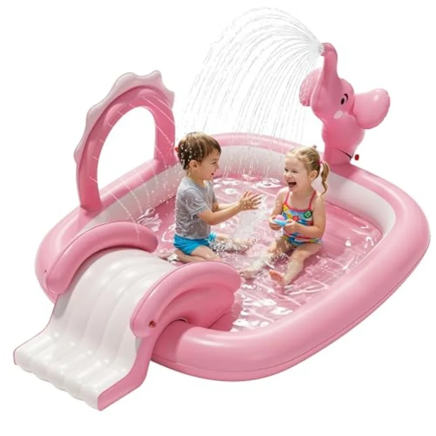 

Elephant Pool with Slide and Sprinkler Inflatable Play Center with 4 Rings × 64 × 37 in Fast Inflation Kiddie Pool for Garden a