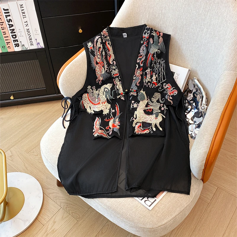 Vintage Chinese Stijl Vesten Jas Gestikt Mesh Geborduurde Gesp Tang Kostuum Jas Zomer Uniek Mouwloos Damesvest