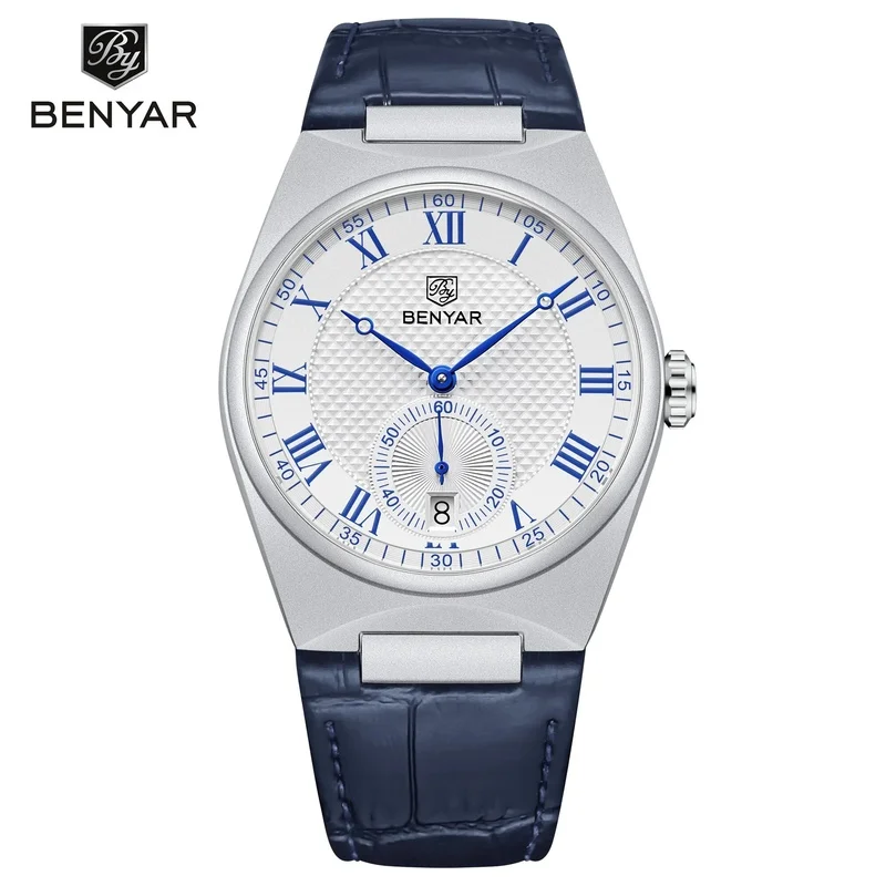 BENYAR Upgrade Trendy Elite Men's Quartz Watch Luxury Gentleman Leather Strap Roman Hour Mark Hardlex Waterproof Calendar