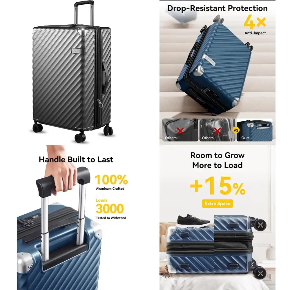 

Расширяемый чемодан-спиннер с твердым корпусом — 28-дюймовый большой чемодан в клетку, поликарбонат, угольная металлическая отделка