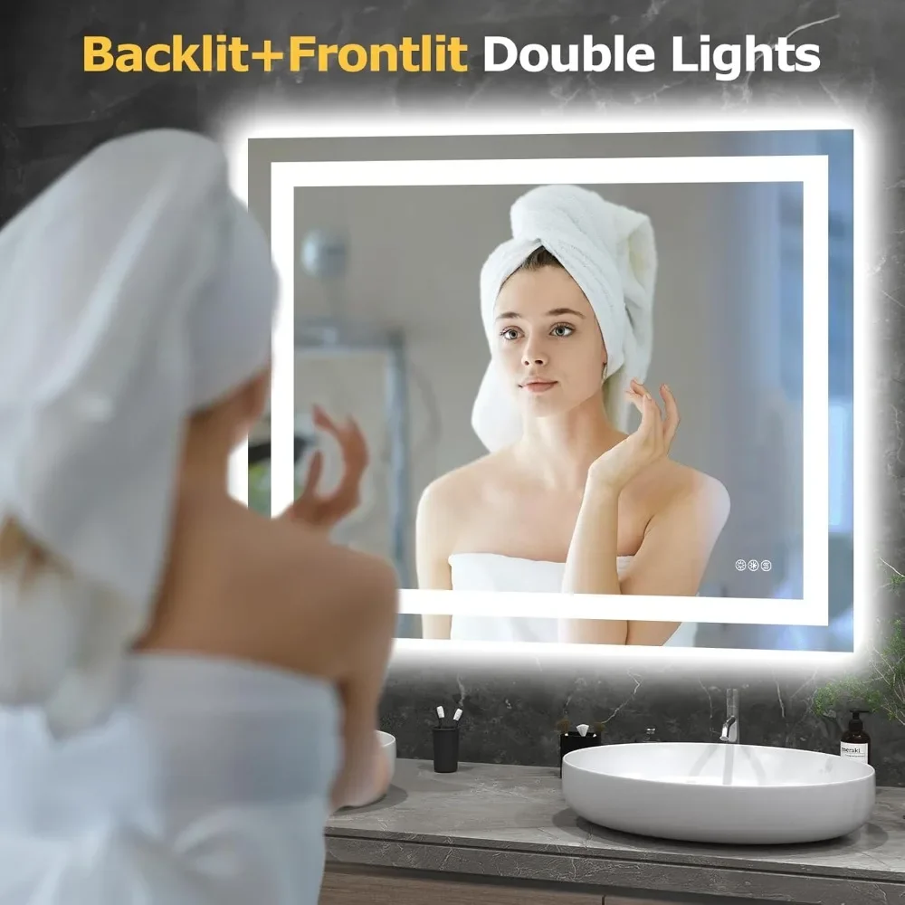 LED Bathroom Mirror with Lights 40x32 Wall Vanity LED Mirror Stepless Dimmable,Double Front and Backlight,Anti-Fog Home & Garden