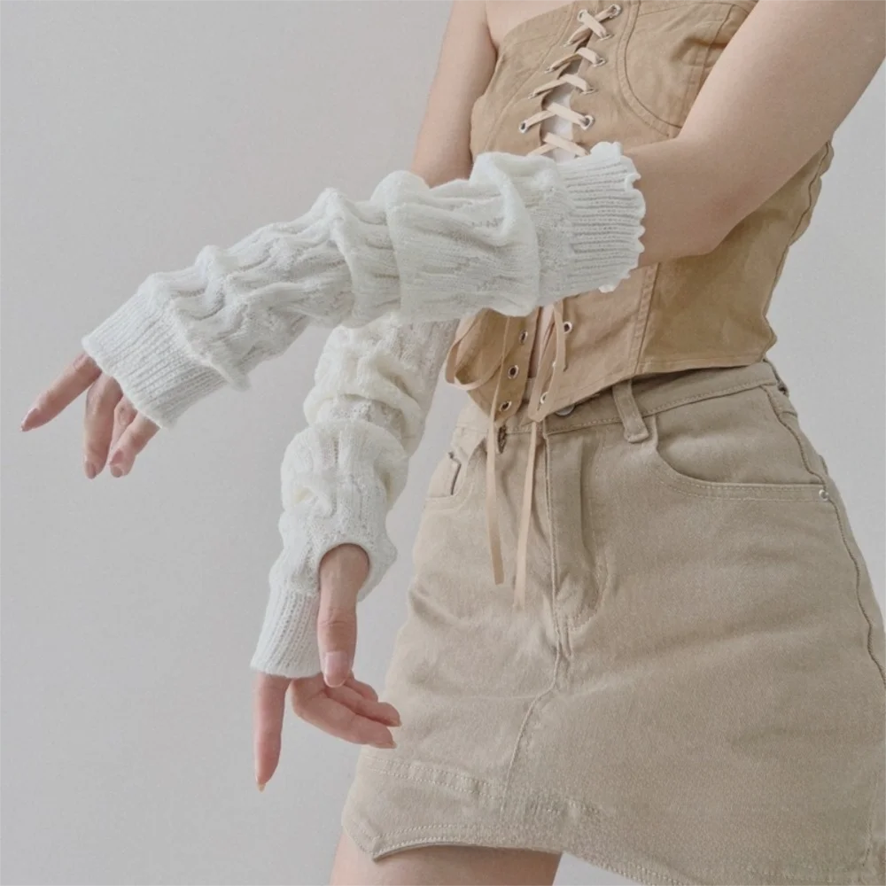 

Модные длинные теплые перчатки, морозостойкие вязаные теплые рукава, однотонные перчатки без пальцев, осень-зима