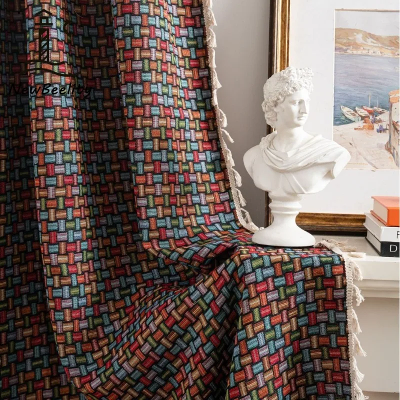 

Retro Classic Jacquard Colored Geometric Curtains Semi-blocking Curtains for Living Room Bedroom Dining Custom Size Tulle Drapes