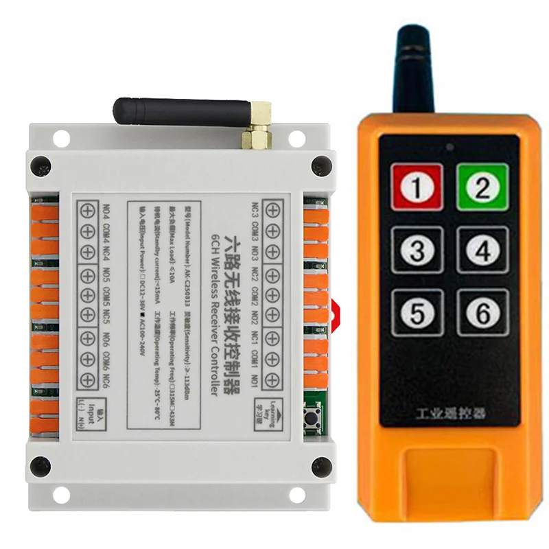 433 MHz 2000m DC 12V 24V 36V 6 CH RF Wireless Remote Control Switch System 6CH 10A Relay Receiver +6 Button Transmitter