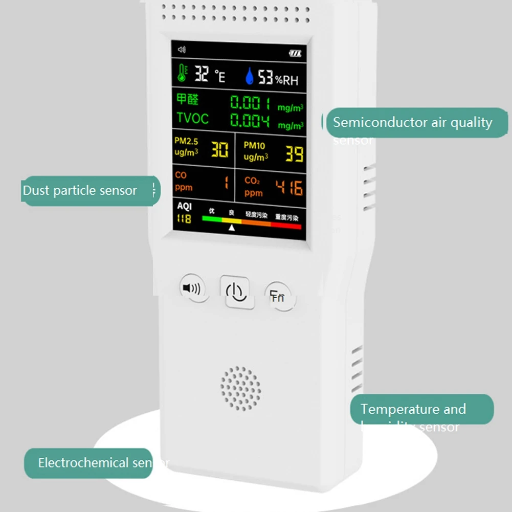 عرض ساخن 9 في 1 كاشف جودة الهواء شاشة LCD PM2.5 PM10 HCHO TVOC CO CO2 مراقبة جودة الهواء والرطوبة باللون الأسود