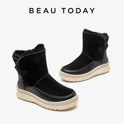 BeauToday Snow Boots Women Round Toe Wool Fur Cow Suede Ankle Chunky Sole Slip On Casual Warm Winter Ladies Shoes Handmade 08040