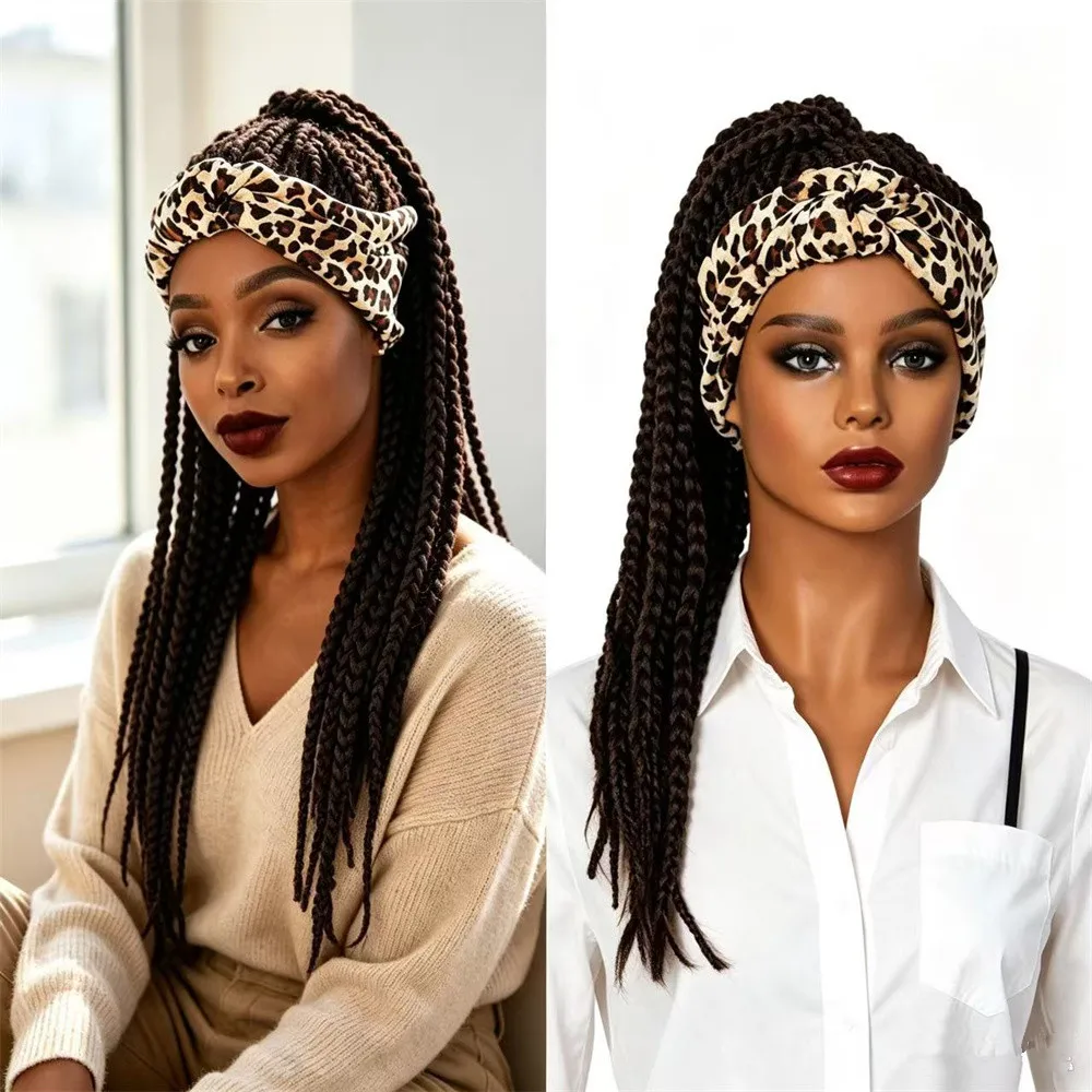 Headband Wig Synthetic Braided Wig for Women Long Box Braid Wigs with Leopard Print Headwrap Heat Resistant Fiber Braids Wig