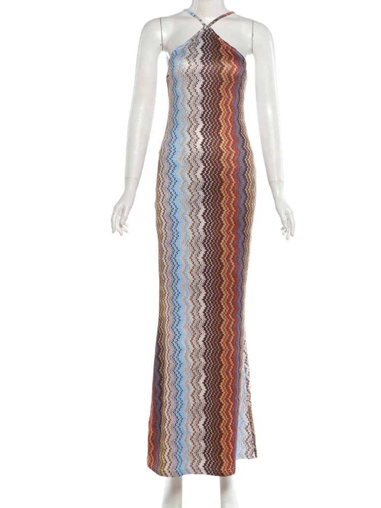 Weird Puss, farbenfrohes, langes Kleid für Damen, Sommer-Trend, Neckholder, schulterfreies Design, rückenfreies Modell, ideal für Urlaub, Strandpartys, eleganter Stil, Vestidos. – Detail 4