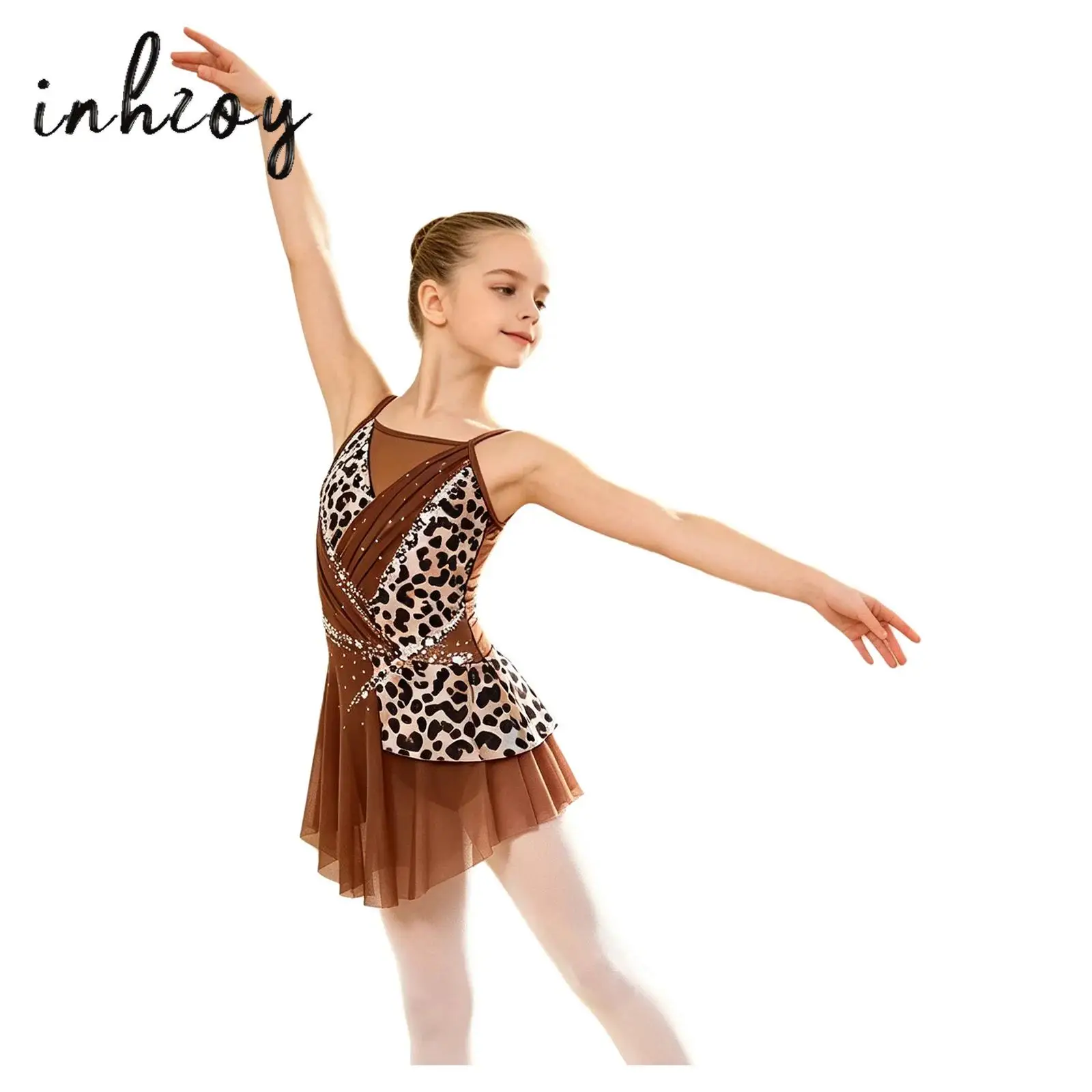 Kids Girls Figure Skating Bodysuit Adjustable Spaghetti Straps Sleeveless Rhinestones Leotard Dress for Gymnastics Competition