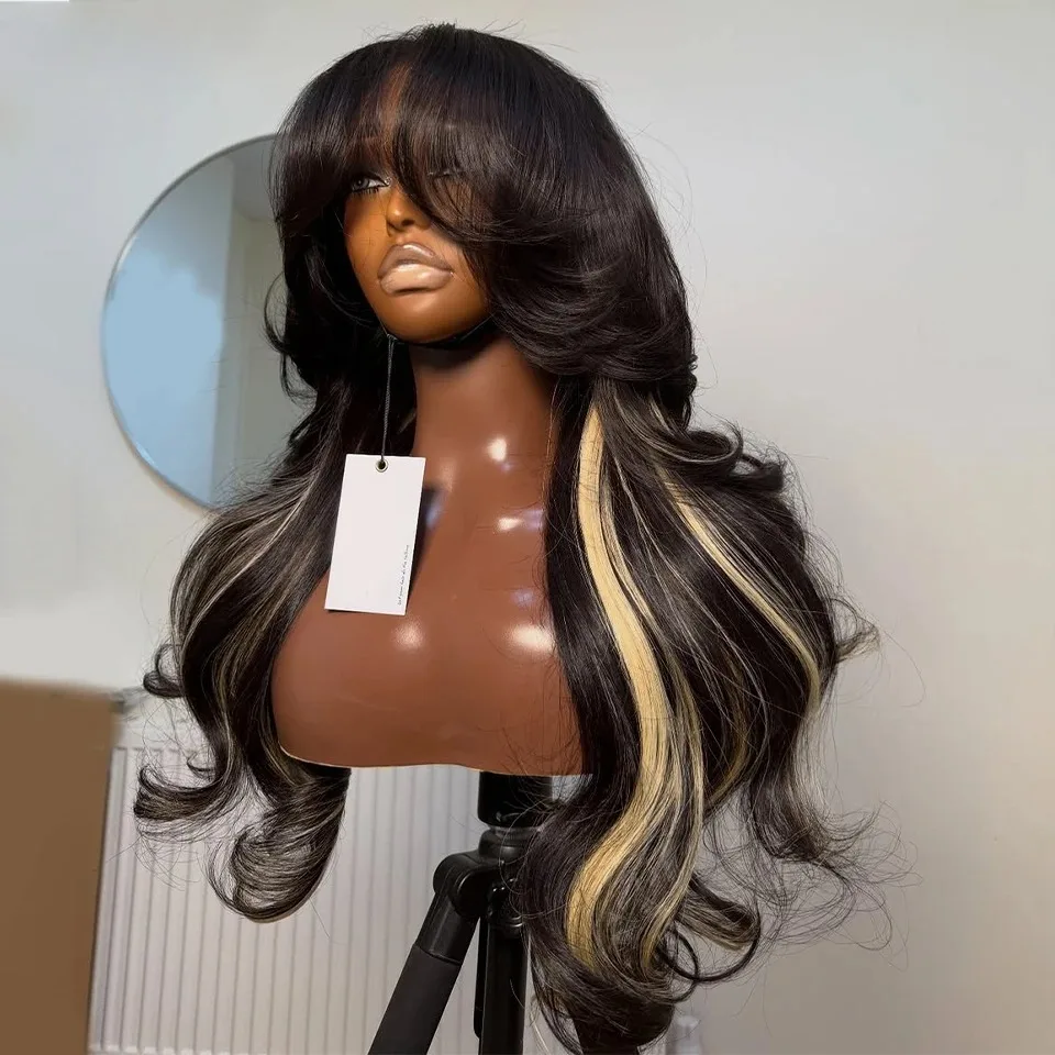 Long Wavy Synthetic Lace Front Wig 13x4 Preplucked Glueless Wear And Go Wig Natural Black With Blonde Highlights Heat Resistant