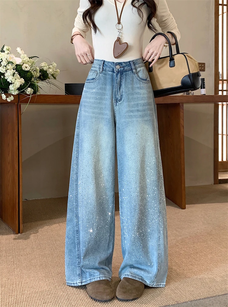 

Джинсы женские с высокой талией и широкими штанинами, синие, весенняя мода, утягивающие, с бриллиантовой отделкой, джинсовые брюки, эффектный дизайн