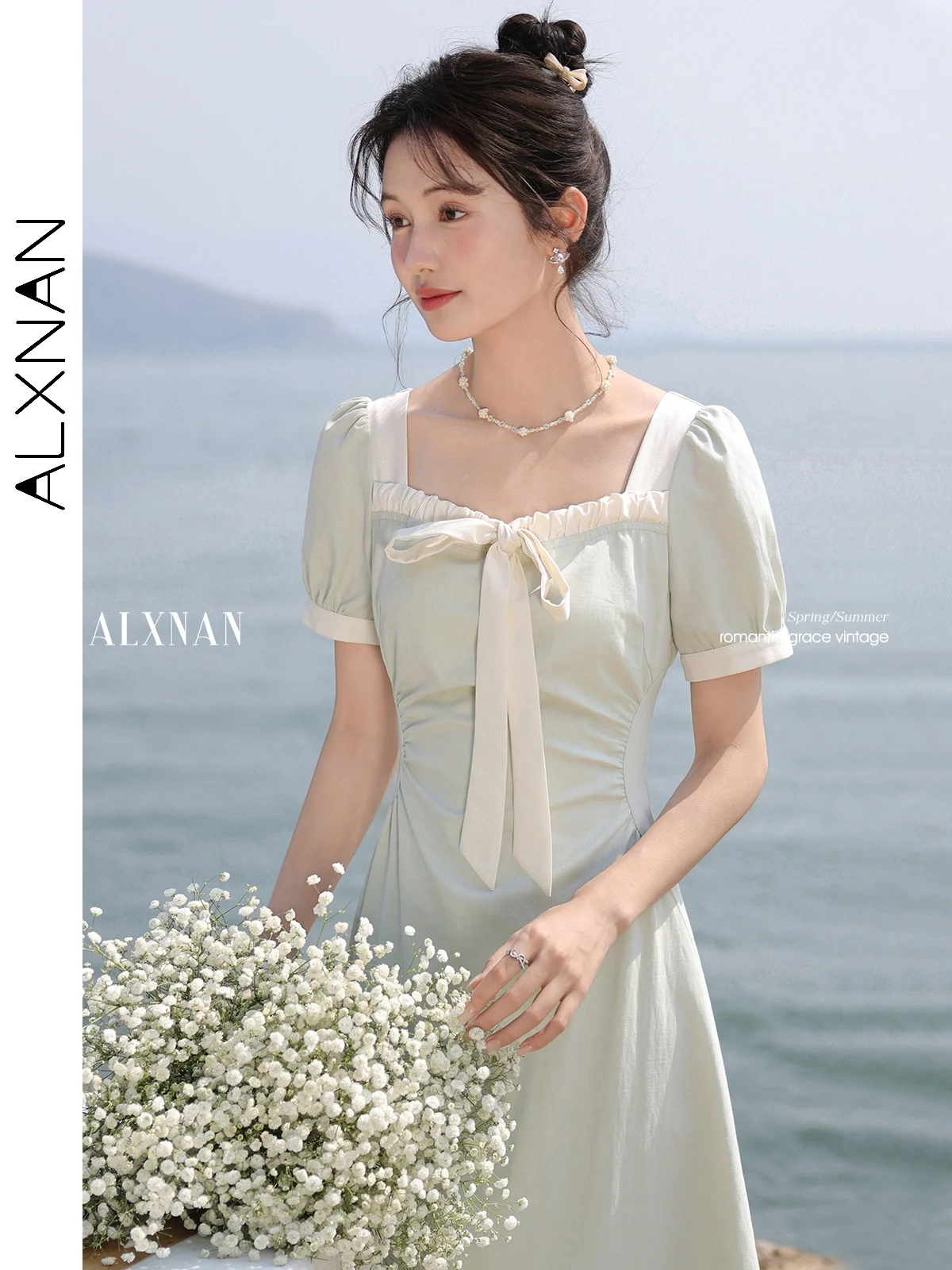 

ALXNAN Women's Green Long Dress Elegant Square Neck Short Sleeve Dresses 2025 Summer Casual Holiday Beach Ladies Clothing L55517