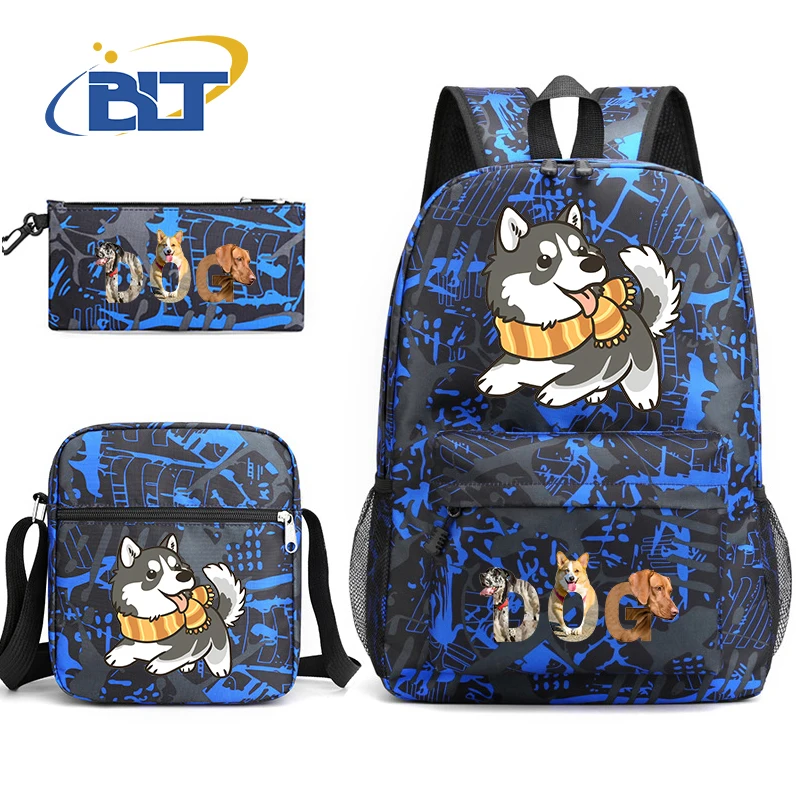 Cute Dog Cartoon Print Backpack Set para crianças, bolsa de escola estudantil, bolsa de ombro, lápis, presente de volta à escola, 3 pcs