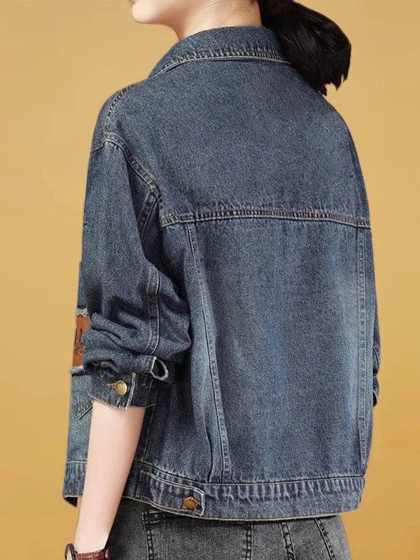 

Женская джинсовая ткань, весна-осень, свободный крой, утягивающий лоскутный повседневный универсальный модный топ большого размера