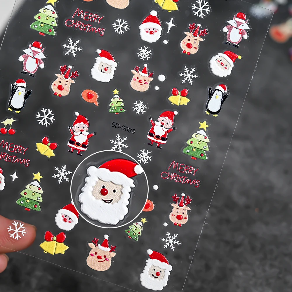 1 Pc 5D Embossed Christmas Nail Stickers Cartoon Santa Claus Self Adhesive Nail Decals Penguin Snowman Holiday Cute Nail Decors