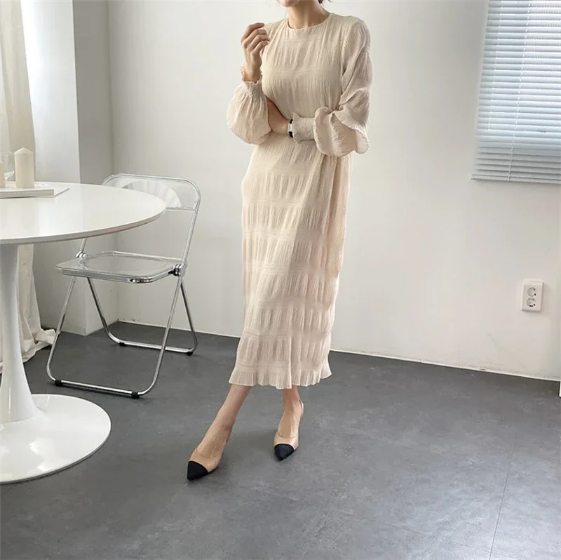 

New 2024 Chiffon Fold Chic Wild Oversized High Waist Elegant Lady Women's Autumn Winter Holiday Long Dresses