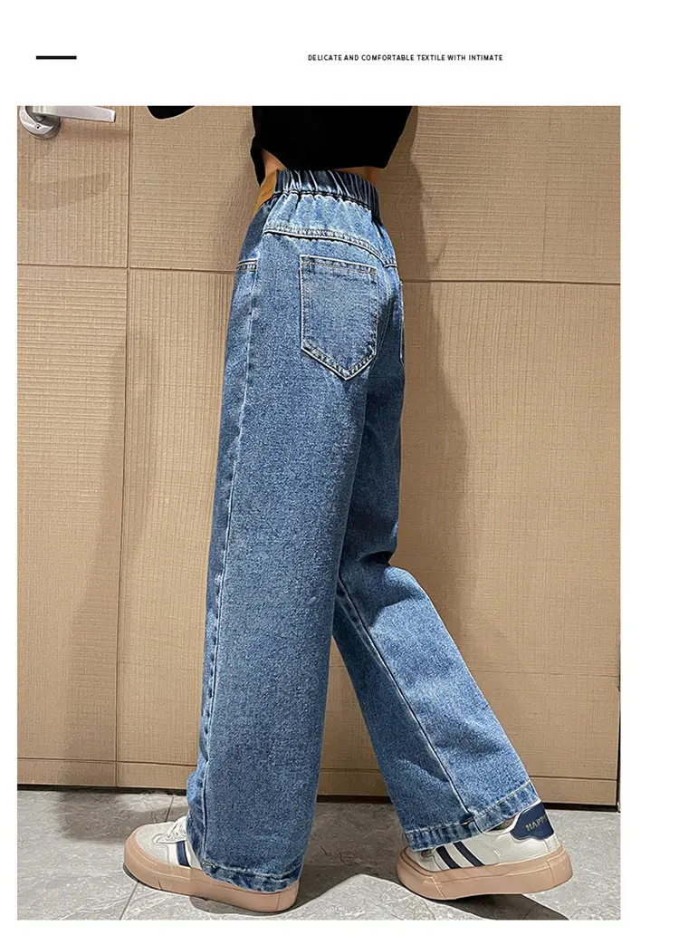 Retro-Isolierte Jeans für Teenager-Mädchen, Herbst-Winter, Lässige Mode, Kinder Weite Gerade Denim-Hosen, Warme Schulhosen für Kinder – Detail 4