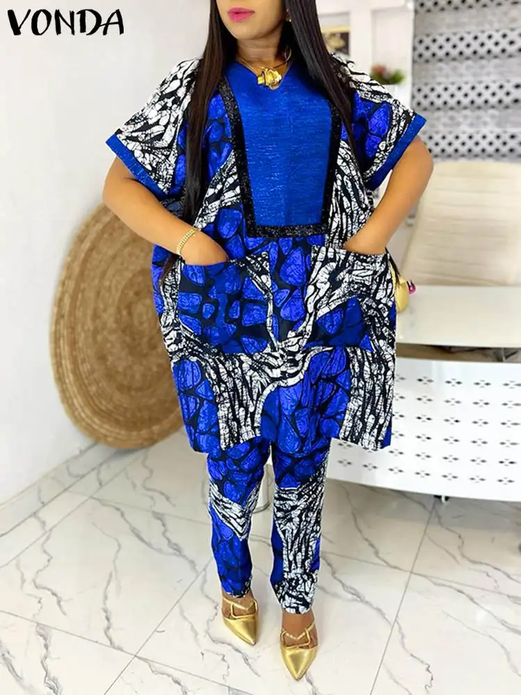 Plus Size 5XL VONDA Women Bohemian Printed Pant Sets Summer 2pcs Short Sleeve Tops Long Pants Vintage Pockets Casual Loose Suit