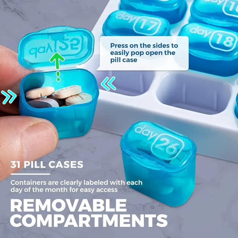 31 Day Monthly Pill Organizer with Large Removable Medication Pods, Portable Pill Case Box Holder for Daily Medicine & Vitamins