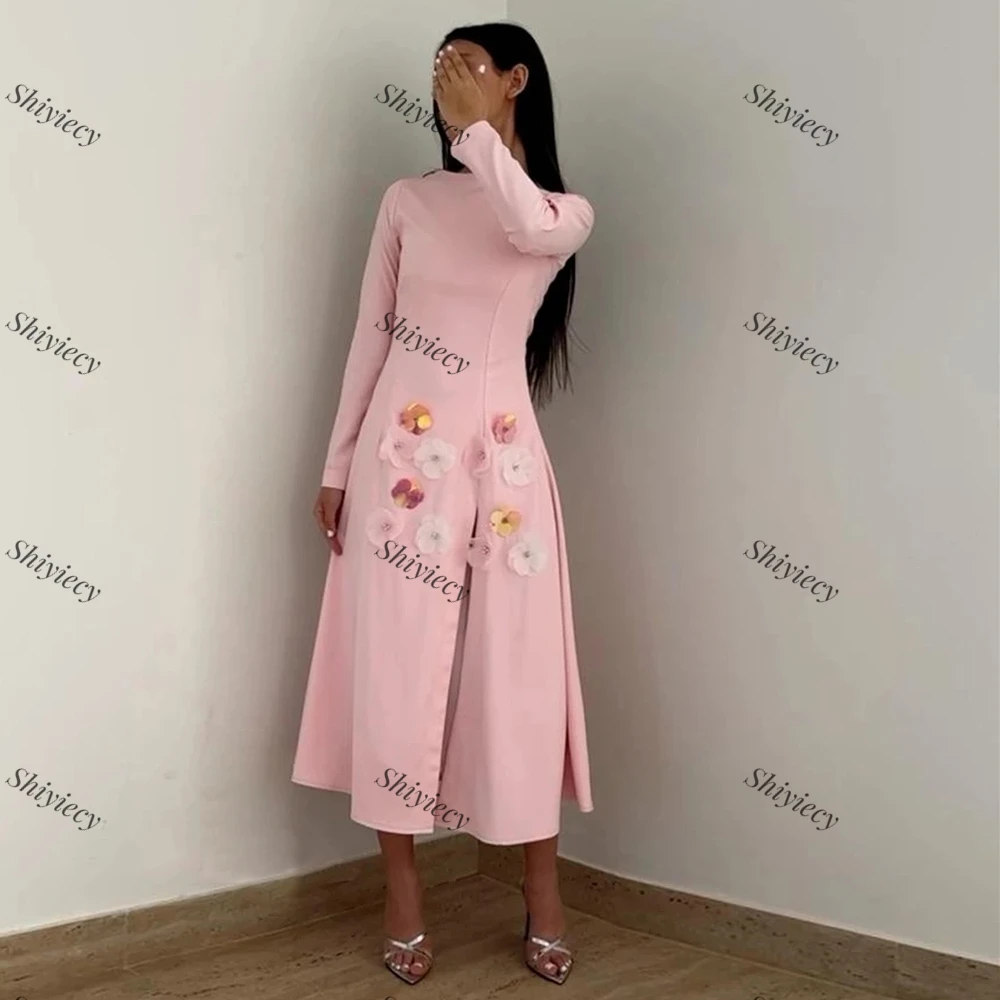 Shiyiecy Tea Length Evening Dress Simple Long Sleeves Jersey Prom Dress 3D Flowers Side Split Special Occaion Gowns Custom Made