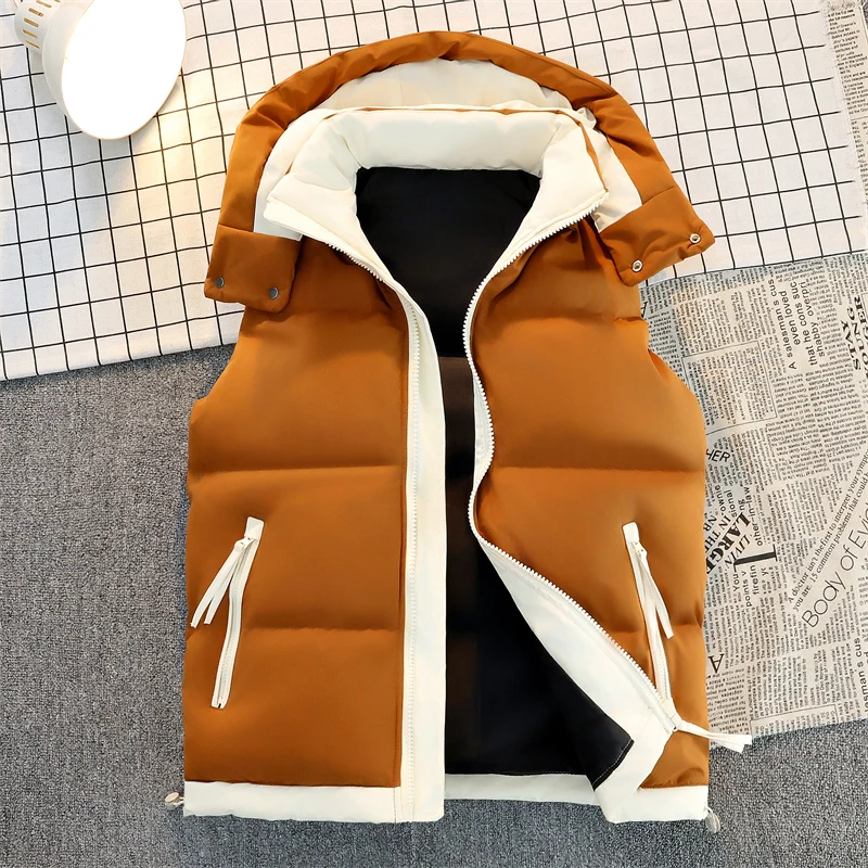 

Windproof Jacket Winter Male Hot Sale Men Sleeveless Down Vests Solid Hooded Vest Men Jackets Fashion Casual Pockets Waistcoat