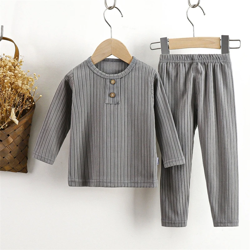 Baby Warm Thin Fleece Pajamas Set Autumn Winter Boys Long Sleeve Rib Knit 2Pcs Toddler Kids Sleepwear Infant Home Wear Clothes