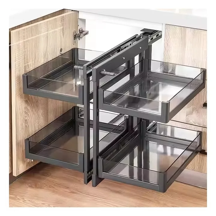 Gabinete de cocina de esquina mágica Universal de alta calidad, bandeja oscilante de esquina ciega, gabinete extraíble, cesta gris de vidrio de esquina mágica